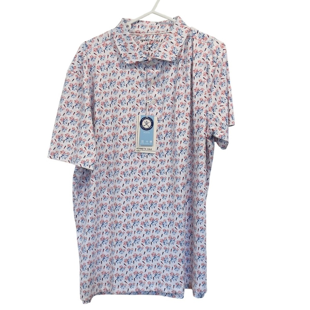 Kenneth Cole Golf Mens Fireworks Polo Shirt White Red Blue Large New with Tags
